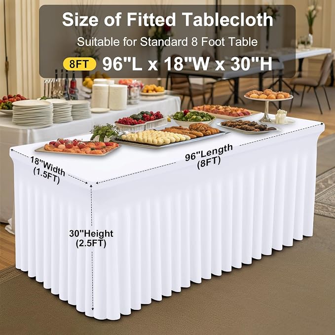 Smiry Spandex Elastic Fitted Table Cloth Skirt for 8FT Rectangle Table | Stretch Washable Table Cloth, Banquet Table Cover for Wedding, Party, Indoor & Trade Shows, (White, 96Lx18Wx30H)