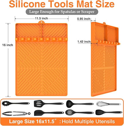 Griddle Accessories Silicone Spatula Mat with Drip Pad, Orange, 16x11.5" Rectangular Grill Mat