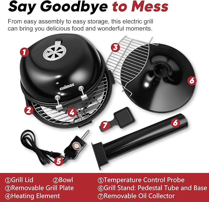 Electric Grill Outdoor, CUSIMAX Electric BBQ Grill, 1600W Portable BBQ with Lid for Cookouts, BBQ Gatherings, Small Spaces, Adjustable Heat, Removable Stand Grill, Oil Collector