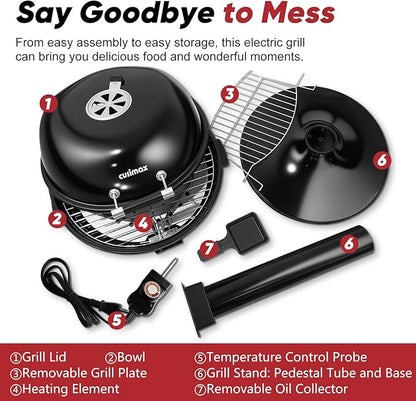Electric Grill Outdoor, CUSIMAX Electric BBQ Grill, 1600W Portable BBQ with Lid for Cookouts, BBQ Gatherings, Small Spaces, Adjustable Heat, Removable Stand Grill, Oil Collector