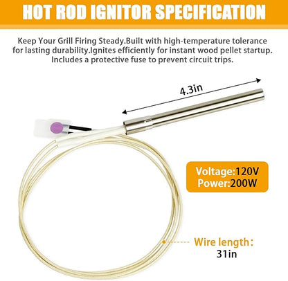 Fire Burn Pot & Hot Rod Ignitor Kit, Traeger Replacement Parts & Pit Boss Pellet Grill Smoker, Pit Boss Igniter Replacement with Screws and Fuse for Home Smoking & Grilling