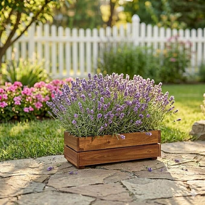 THYOI Premium Wooden Planter Box, Storage Box 17" L x6 W x5.5 H with Crate Style, Acacia Wood Flower Container, Rustic Rectangle Planter for Planting, Decor and Storage - 3 Colors (Golden Teak)