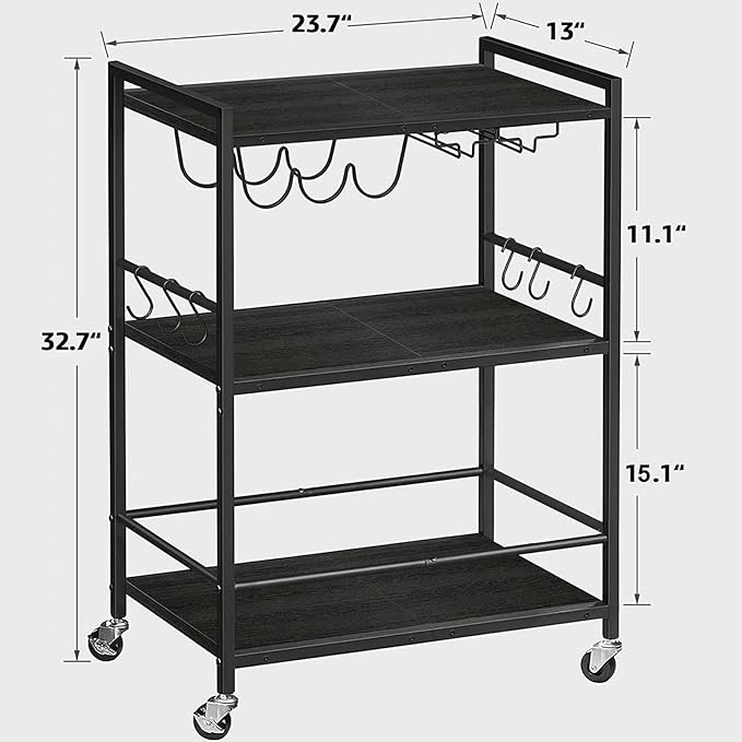TUTOTAK Bar Cart with Wheels, Drink Cart with Wine Rack and Glass Holder | 3-Tier 23.7 Inch Wide Home Bar Serving Carts, Small Mobile Kitchen Shelf with 6 Hooks, Black BC01BK030