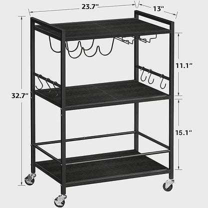 TUTOTAK Bar Cart with Wheels, Drink Cart with Wine Rack and Glass Holder | 3-Tier 23.7 Inch Wide Home Bar Serving Carts, Small Mobile Kitchen Shelf with 6 Hooks, Black BC01BK030