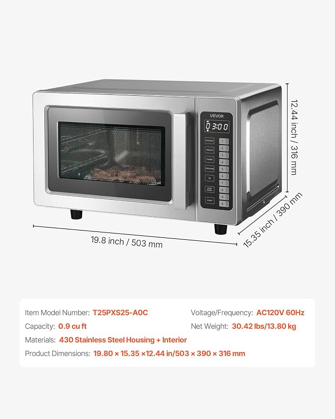 VEVOR Commercial Microwave Oven, 0.9 Cu Ft, 1000W Digital Stainless Steel Countertop Microwave Oven with Touchscreen, 10 Cooking Presets, 5 Power Levels, Multi-Lock Door & Easy Clean for Restaurants | Digital Microwave with Touchscreen,0.9 Cu Ft,10 Coo...