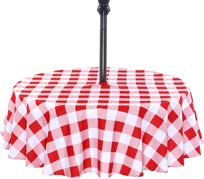 Poise3EHome Round Outdoor Tablecloth with Umbrella Hole and Zipper,Red and White Gingham 70 Inch,SpillProof Washable Table Cloth for Spring Summer Patio Garden Poolside Picnic Camping BBQS