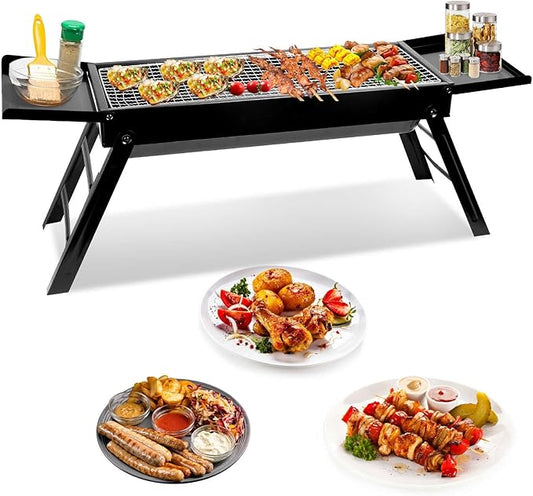 TeqHome Barbecue Charcoal Grill, Stainless Steel Folding Portable BBQ Grill with 2 Side Tray, Foldable Tabletop Grill for Outdoor Cooking Picnics Camping Hiking Tailgating Backpacking Party Backyard