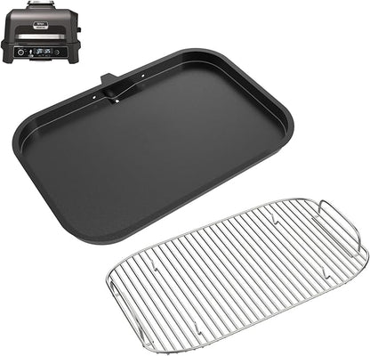 OG900 Griddle Pan and Rack for Ninja Woodfire XL OG800 & OG900 Series Grills Accessories, Non-Stick Flat Top Griddle Plate for Ninja OG951 OG850 OG952 XSKGRDPLT Pro Connect XL, Stainless Steel Rack