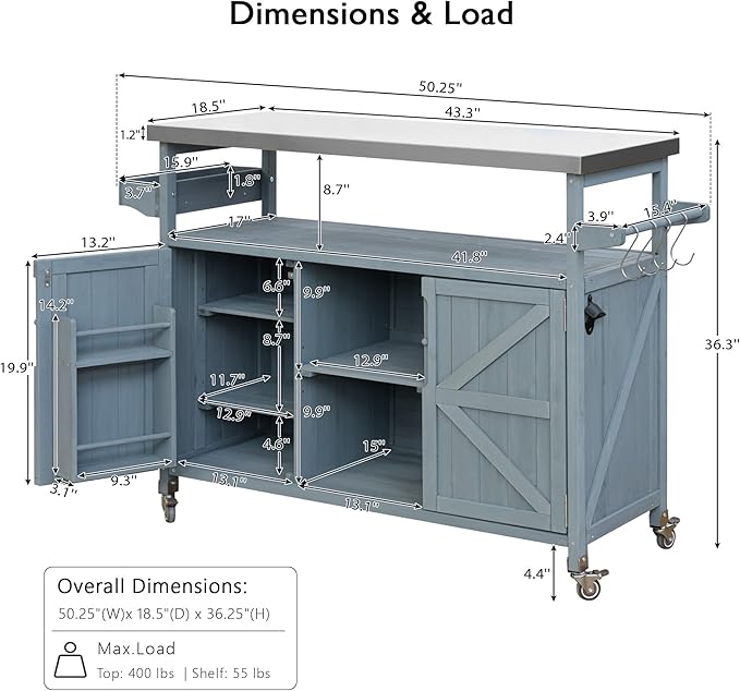 50.25" Outdoor Kitchen Island, Rolling Bar Cart & Storage Cabinet, Farmhouse Solid Wood Grill Table with Stainless Steel Top, Spice Rack, Towel Rack for Kitchen & Barbecue