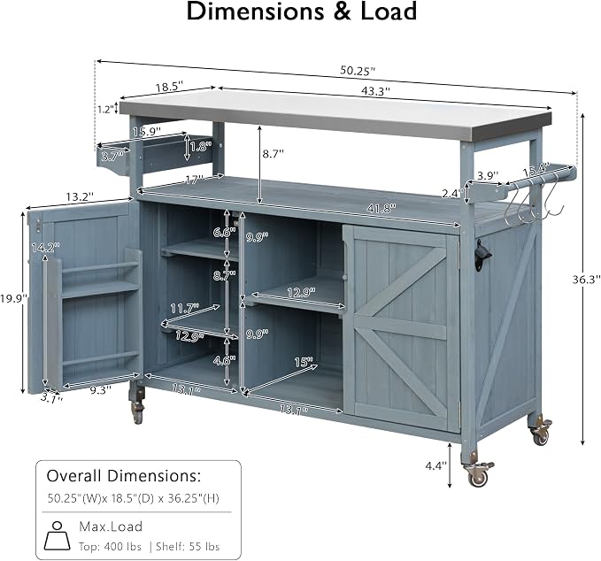 Outdoor Grill Cart with Storage, Rolling Bar Cart and Lockable Wheels, Farmhouse Solid Wood Outdoor Grill Table with Stainless Steel Top, Spice Rack, Towel Rack for Kitchen and BBQ, Grey Blue