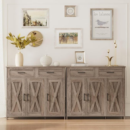 Homhedy Coffee Bar Storage Cabinet with Drawers, Kitchen Buffet Cabinet | Sideboard Cabinet with Doors, Farmhouse Buffet Cabinet, Adjustable Shelves, for Kitchen / Dining / Living Room, Greige