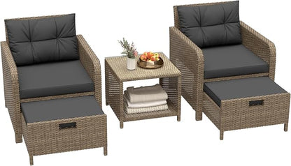 5 Piece Patio Furniture Set, PE Wicker Outdoor Furniture Set with Soft Cushions & Coffee Table, Outdoor Lounge Chairs with Ottoman for Porch, Lawn, Balcony, Beige-Black