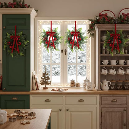 Suncalla 8 Pcs 11 Inch Mini Christmas Cabinet Wreath for Kitchen Christmas Berry Hanging Cabinet Wreath Decor with Red Bow Artificial Pine Candle Ring for Xmas Door Fireplaces Table Centerpiece