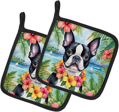 Caroline's Treasures Boston Terrier Luau Pair of Pot Holders Kitchen Heat Resistant Pot Holders Sets Oven Hot Pads for Cooking Baking BBQ, 7 1/2 x 7 1/2