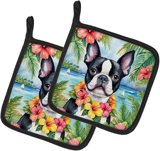 Caroline's Treasures Boston Terrier Luau Pair of Pot Holders Kitchen Heat Resistant Pot Holders Sets Oven Hot Pads for Cooking Baking BBQ, 7 1/2 x 7 1/2