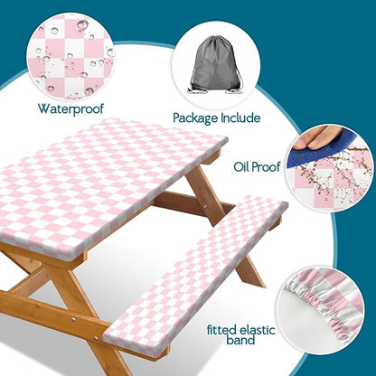 Picnic Table Cover with Bench Covers and Bag, Pink and White Checkered Gingham Buffalo Plaid Camping Tablecloth Cover Waterproof Windproof Elastic Edges Fitted Tablecloths for Outdoor 3PCS 30x72 Inch