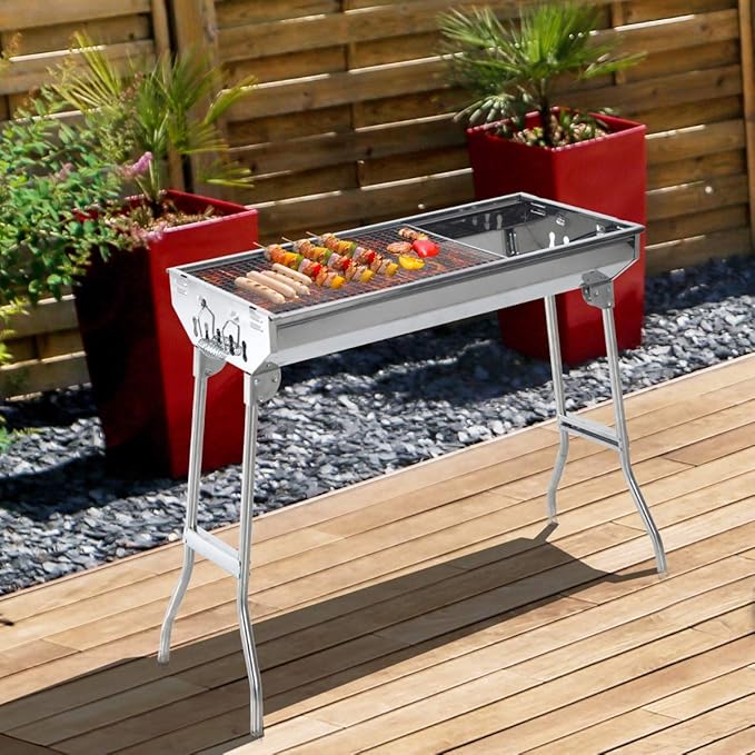Ni-shore Charcoal Barbecue Grill Stainless Steel Folding BBQ Camping Grill for Shish Kabob, 28inch, Silver