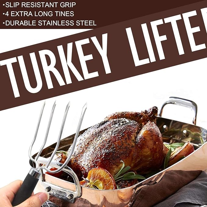 KAYCROWN Turkey Baster and Turkey Roast Lifters with Non-Slip Handle, Silicone Turkey Baster with 2 Marinade Needles & Stainless Steel Turkey Poultry Forks Set, Poultry Lifters