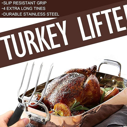 KAYCROWN Turkey Baster and Turkey Roast Lifters with Non-Slip Handle, Silicone Turkey Baster with 2 Marinade Needles & Stainless Steel Turkey Poultry Forks Set, Poultry Lifters