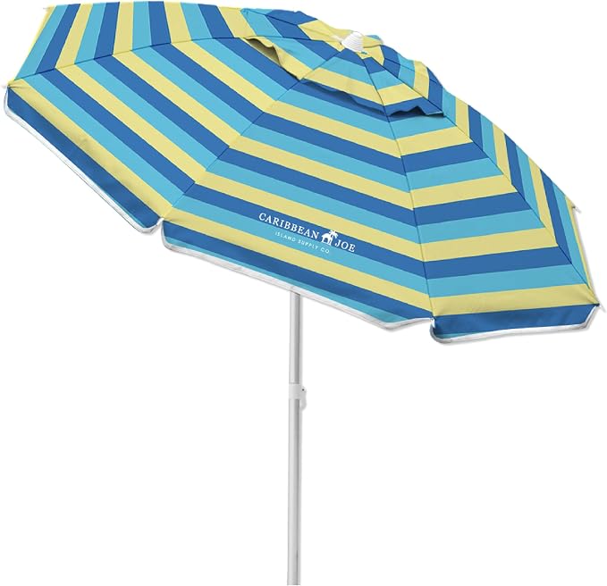 Caribbean Joe Beach Umbrella, Portable and Adjustable Tilt Sun Umbrella with UV Protection, Vented Canopy, Full 6.5 ft Arc