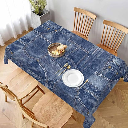 TKS MITLAN Denim-Style Indigo Rectangle Tablecloth - 60x84 Inch (6-8 Seats) Polyester Decorative Cover for Dining, BBQ, Picnic, Coffee Table Retro Denim Pocket Print, Non-Denims Material