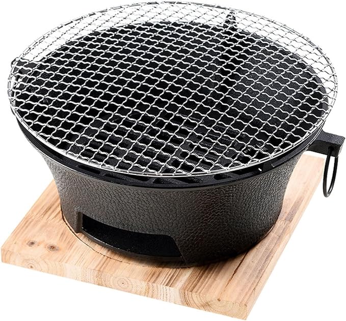 Removable Round Charcoal Barbecue Grill Hibachi Grill Portable Desk Tabletop BBQ Grill with Handle Wooden Anti-scalding Baseplate for Camping Picnics Garden Beach Party(Large)