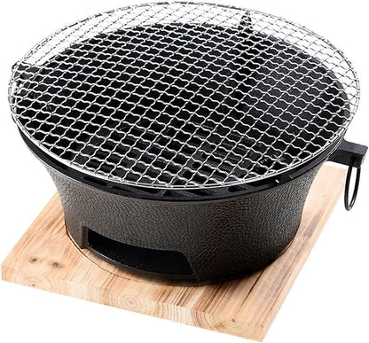 Removable Round Charcoal Barbecue Grill Hibachi Grill Portable Desk Tabletop BBQ Grill with Handle Wooden Anti-scalding Baseplate for Camping Picnics Garden Beach Party(Large)