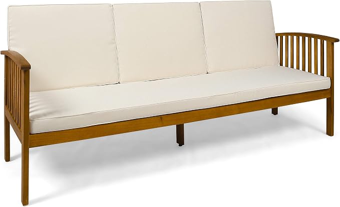 Christopher Knight Home Breenda Outdoor Acacia Wood Sofa with Cushions, Teak Finish, Cream