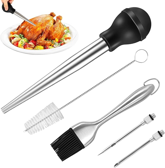 Stainless Steel Turkey Baster, Turkey Basters for Cooking, Turkey Baster Sets -Syringe, 2 Detachable Marinade Injector Needles, Cook and Cleaning Brush, for Flavor Meat Poultry, Beef & Chicken Cooking