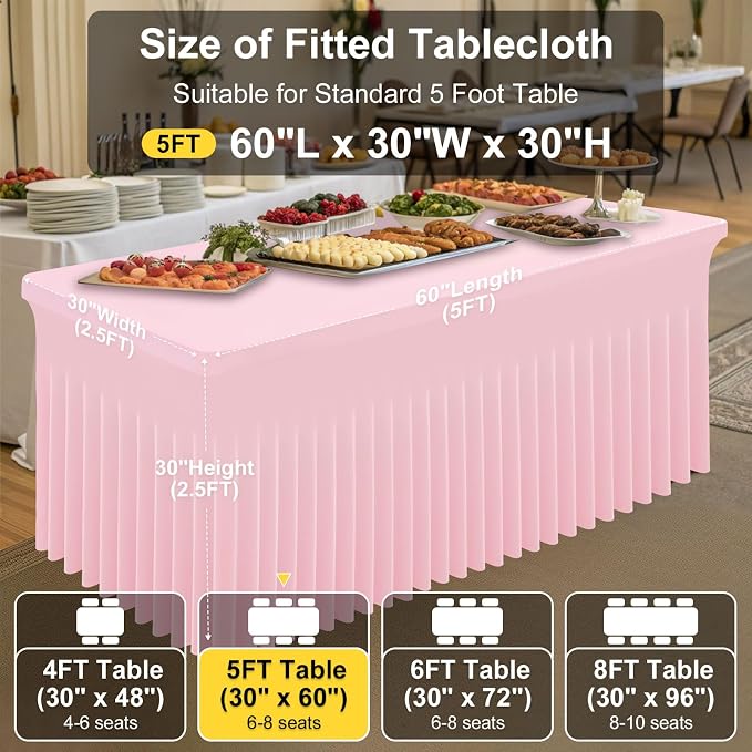 Smiry Spandex Elastic Fitted Table Cloth Skirt for 5FT Rectangle Table | Stretch Washable Table Cloth, Banquet Table Cover for Wedding, Party, Indoor & Trade Shows, (Pink, 60Lx30Wx30H)