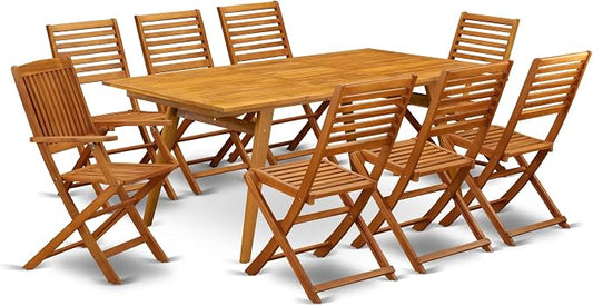 East West Furniture DEBS92CANA 9 Piece Outdoor Patio Dining Sets Includes a Rectangle Acacia Wood Table and 2 Folding Arm Chairs with 6 Side Chairs, 40x72 Inch, Natural Oil