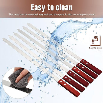Idong 10 PCS Kabob Skewers 23.6" Flat Stainless Steel BBQ Skewers for Grilling Meat with Wood Handle and Tip Guards, Heavy Duty Reusable for Koobideh Persian Brazilian Shish Kebab