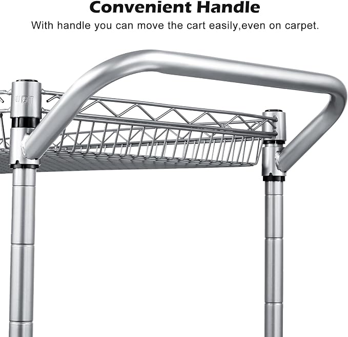 Heavy Duty 3 Tier Utility Cart,Wire Rolling Carts with Wheels, Commercial Grade Service Cart with Shelving Liners and Handle Bar Metal Carts for Kitchen Office Hardware