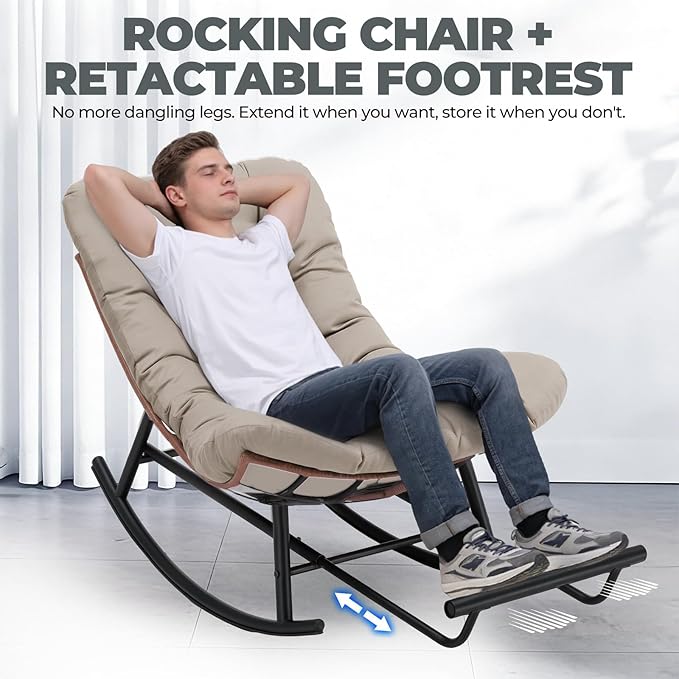 COMHOMA Outdoor Rocking Papasan Chair, Oversized Wicker Patio Rocker, Indoor Comfy Wicker Reading Lounge, Bed-Like Comfort Egg Chair for Bedroom,Balcony, Porch, Garden, Brown