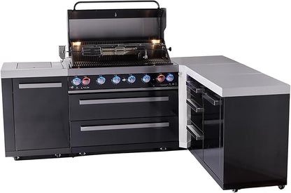 Mont Alpi 94"W x 75"D L-shaped Black Stainless Steel Modular Outdoor Kitchen Island with Refrigerator + Side Burner + 44"W 6-Burner BBQ Gas Grill + Granite Countertops + Storage Cabinets & Drawers