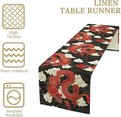 Asian Red Dragon Table Runner Traditional Chinese Japanese Dragons Flying Mascot Animal Clouds Dinner Runner Table Decoration for Home Kitchen Dining Table Party Decoration 13x70in