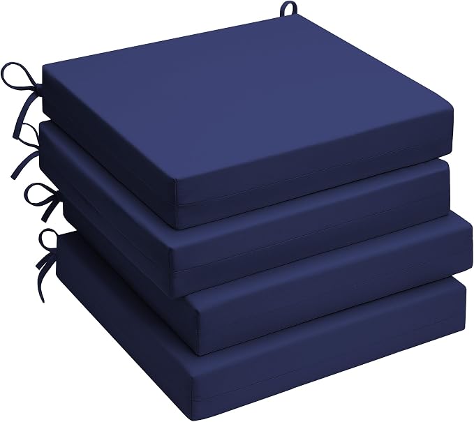 UNIKOME Outdoor Chair Cushions Pack of 4, Water Resistant Patio Cushions with Ties, High Density Sponge Filling Square Corner Seat Cushions for Outdoor Furniture, 19"*19"*3", Navy Blue