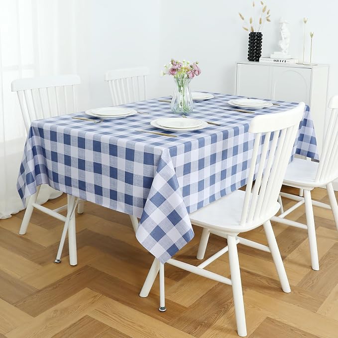 Romanstile Gingham Rectangle Plastic Tablecloth, 100% Waterproof Checkered PVC Table Cloth, Heavy Duty Vinyl Table Cover for Dining, Camping, Picnic, Outdoor - 54 x 78 Inch, Light Blue and White