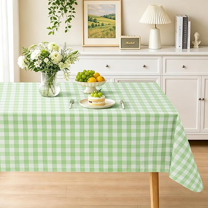 Seenus Waterproof Plastic Plaid Tablecloth with Flannel Backing for Picnic | 60 x 102 Inch Rectangle Checkered Table Cloth Wipeable, Green Gingham Vinyl Table Cover for Dinner Kitchen Capming Outdoor