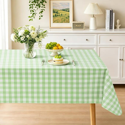 Seenus Flannel Backed Gingham Plastic Tablecloth, Waterproof & Wipeable Light Green Checkered Table Cover, Non-Slip Picnic Table Cloth for Birthday Party Outdoor Camping, Rectangle 54 x 108 Inch
