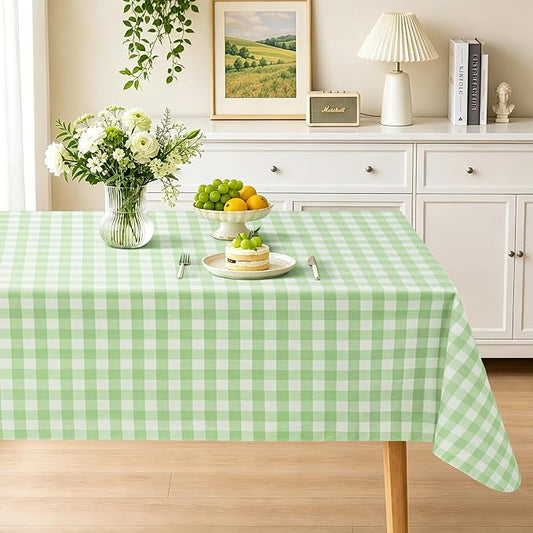 Seenus Flannel Backed Gingham Plastic Tablecloth, Waterproof & Wipeable Light Green Checkered Table Cover, Non-Slip Picnic Table Cloth for Birthday Party Outdoor Camping, Rectangle 60 x 120 Inch