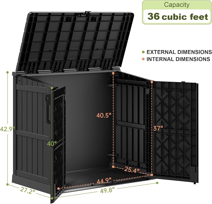 36 Cu Ft Horizontal Resin Storage Shed, Weatherproof Outdoor Storage Cabinet with Dual Lock Door, Fits Small Trash Cans, Generators, & Garden Tools, Matte Black