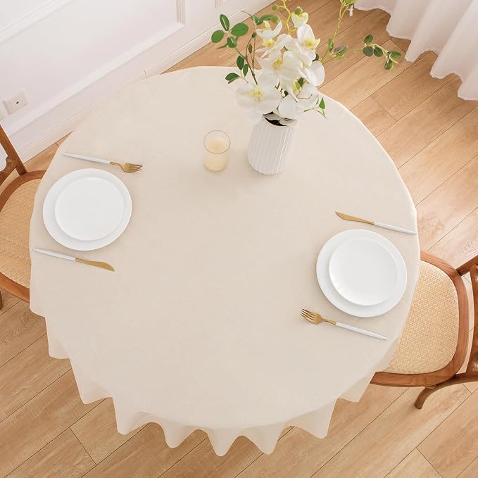 NLMUVW Beige Round Vinyl Tablecloth 60 Inch with Flannel Backing, 100% Waterproof PVC Table Cloth Wipe Clean Table Cover for Dining Party Camping Outdoor