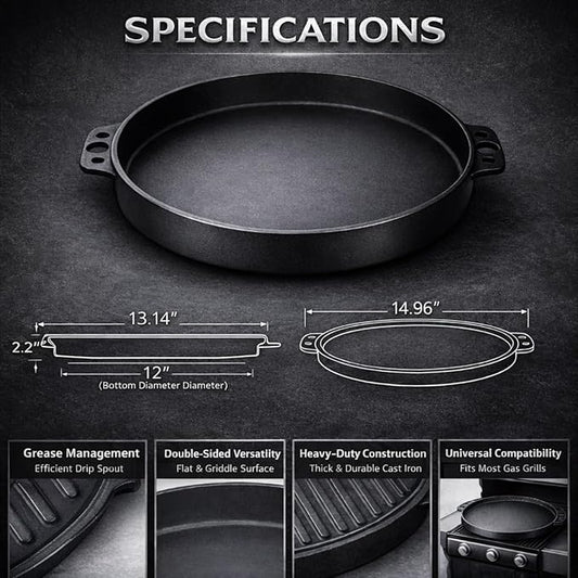 Cast Iron Griddle Gourmet BBQ Griddle 7421 for Weber 22 Inch Charcoal Grill, Cast Iron 13" Griddle Pan Easy To Clean Cast Iron Skillets Use In The Oven, On The Stove or Grill, Over A Campfire