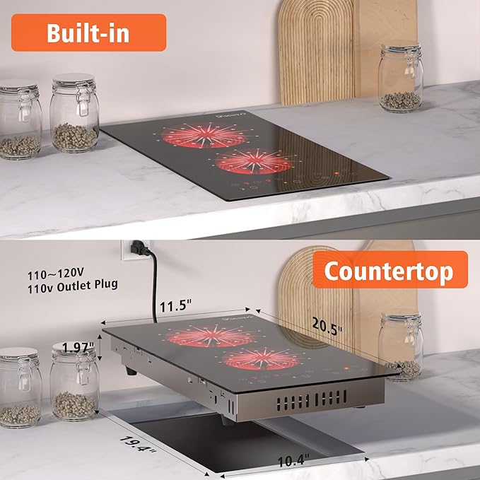 2 Burner Electric Cooktop - 12 Inch Electric Stovetop Built-in & Countertop 2000W, 120V Portable Two Burner Radiant Electrical Cook Top Sensor Touch Control, Timer, Safety Lock, 110V Plug in