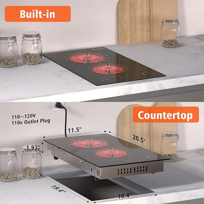 2 Burner Electric Cooktop - 12 Inch Electric Stovetop Built-in & Countertop 2000W, 120V Portable Two Burner Radiant Electrical Cook Top Sensor Touch Control, Timer, Safety Lock, 110V Plug in