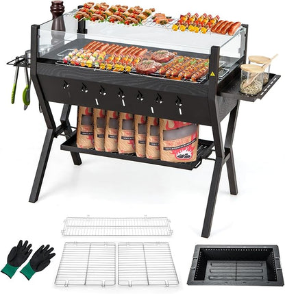 Giantex Charcoal Grill with Transparent Glass Wind Guard, Heavy Duty BBQ Grill Campfire Pit, Fire Bowl, Side Spice Racks, Bottom Storage Shelf, for Outdoor Cooking Backyard Barbecue Party