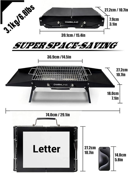 Charmline 15x11 inches Portable Charcoal Grill, Compact Portable BBQ Grill, Tabletop Charcoal Grills for Camping, Picnics, Gardens and Beach Parties, Black