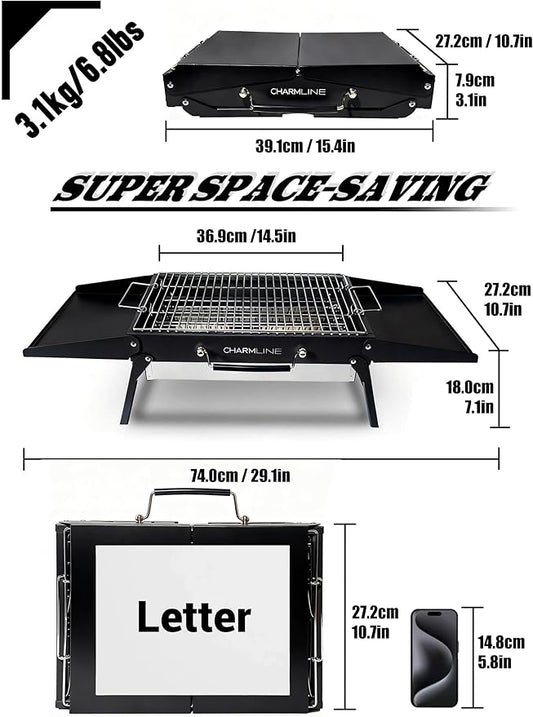 Charmline 15x11 inches Portable Charcoal Grill, Compact Portable BBQ Grill, Tabletop Charcoal Grills for Camping, Picnics, Gardens and Beach Parties, Black