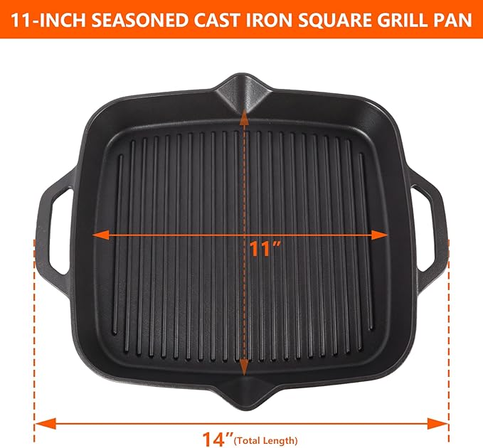 11" Cast Iron Square Grill Pan, Professional Pre-Seasoned Griddle with Handles, Heavy Duty Cooking Skillet, Induction Compatible, Suitable for Stovetop, Oven, BBQ & Fire, Indoor Outdoor Use